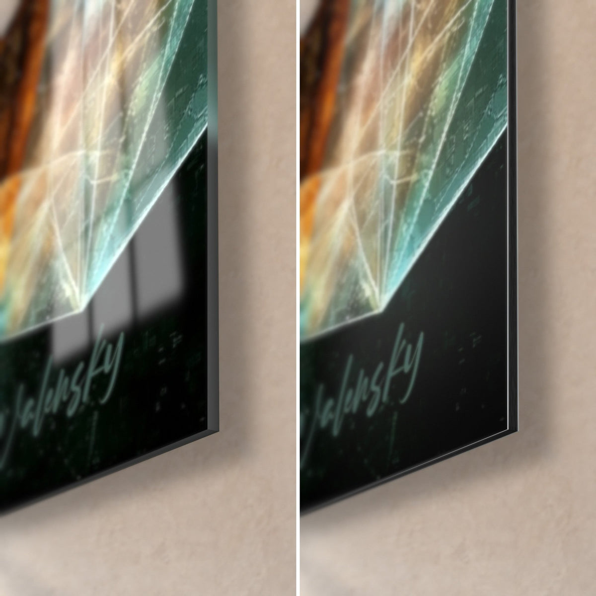 Tableau toast de chopes ambrées, coin bas droit : verre acrylique brillant à gauche, alu Dibond noir mat à droite