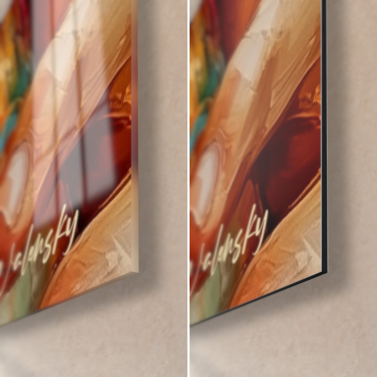 Gemälde goldenes Bierglas an den Lippen, untere rechte Ecke: glänzendes Acrylglas links, matte Dibond-Aluminiumplatte rechts, 3 mm Kante
