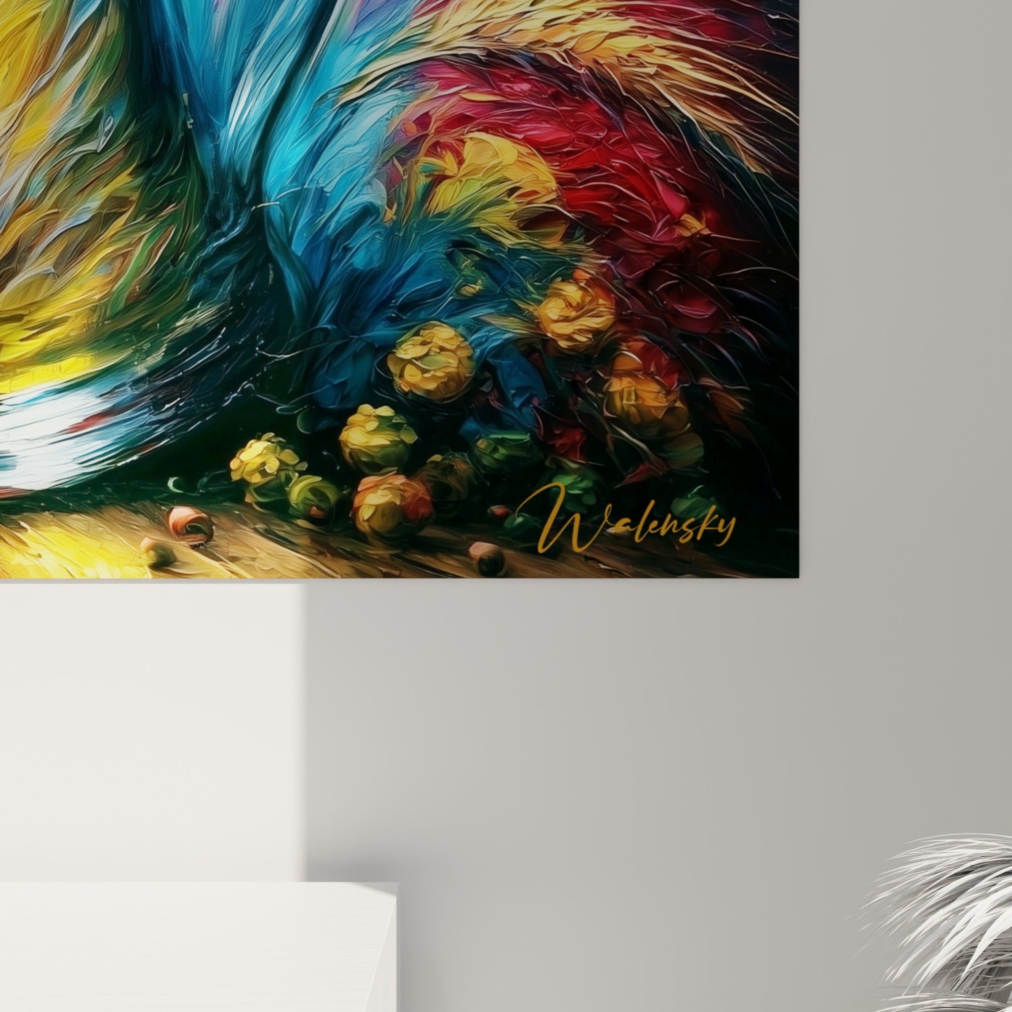 Empâtements épais jaune doré et bleu pastel visibles de près, matière dense d'une toile de bière
