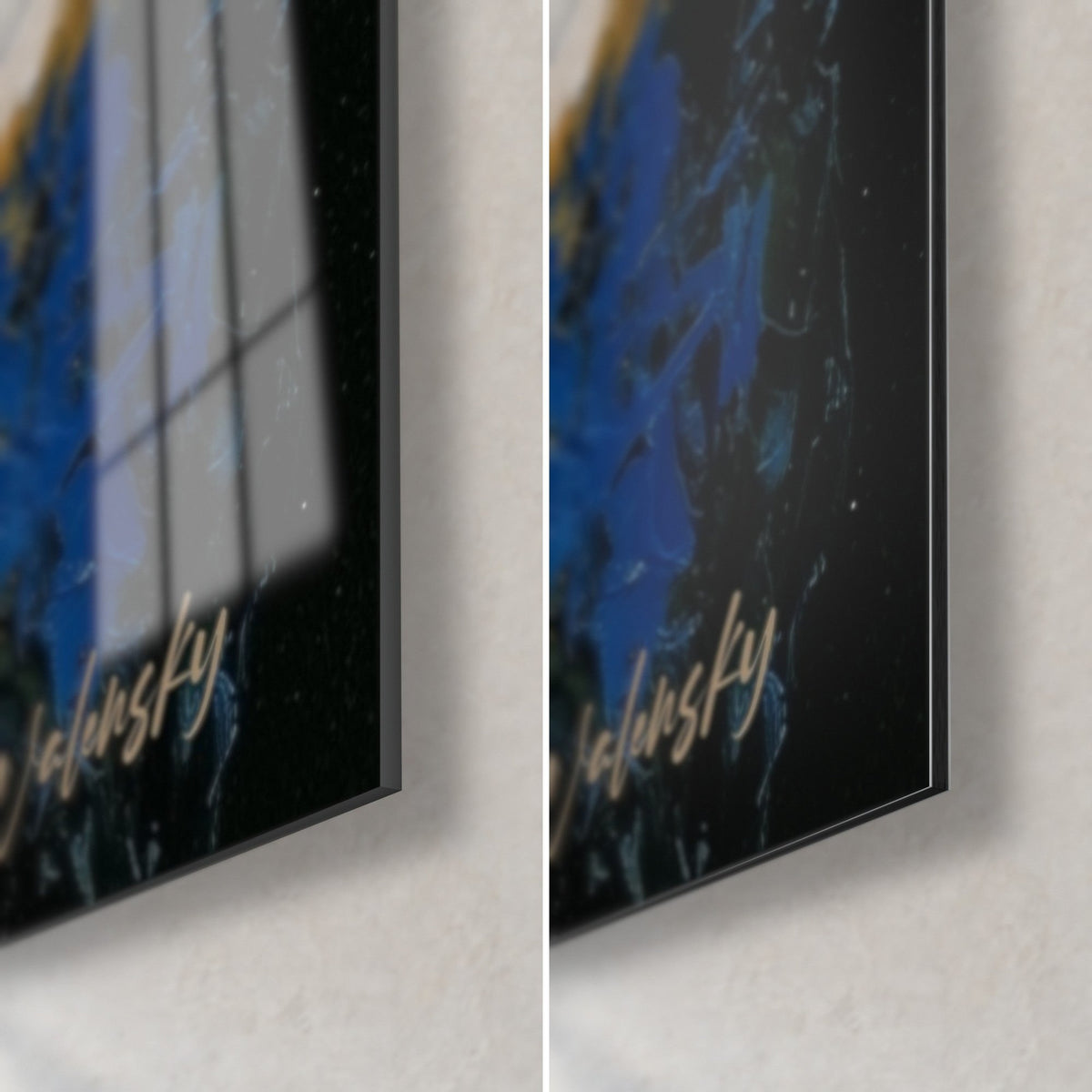 Quadro di ritratto femminile con birra, angolo in basso a destra: vetro acrilico lucido con riflessi, alluminio Dibond opaco, firma dorata su blu notte