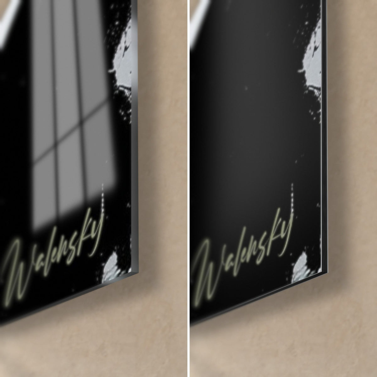 Schilderij bierdrinker in olieverf, rechtsonder hoek in glanzend acryl links, mat zwart Dibond rechts, 3 mm rand