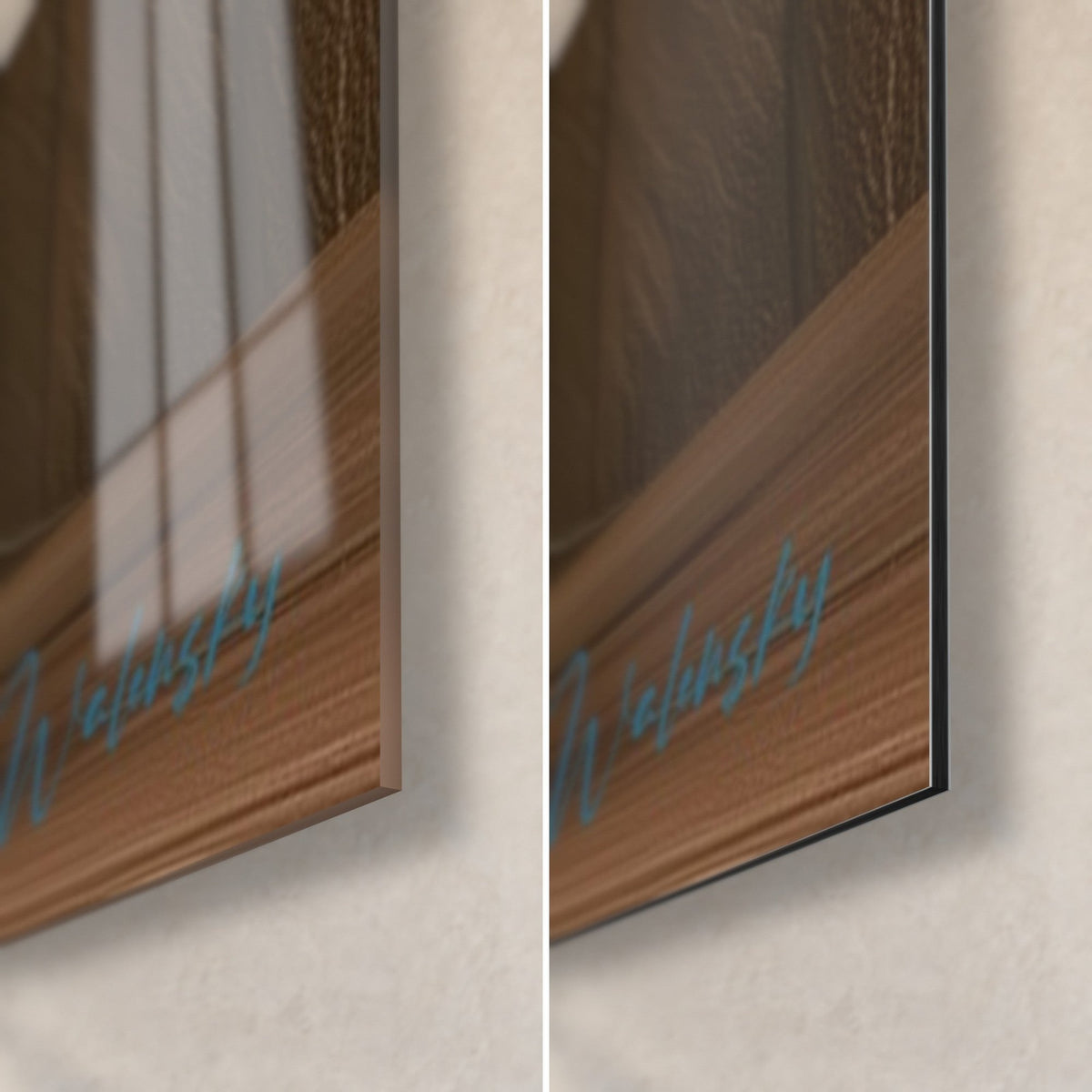 Gemälde mit Bierkrug in Rotbraun, untere rechte Ecke: glänzendes Acrylglas mit Reflexen, mattes braunes Dibond-Aluminium, 3 mm Kante