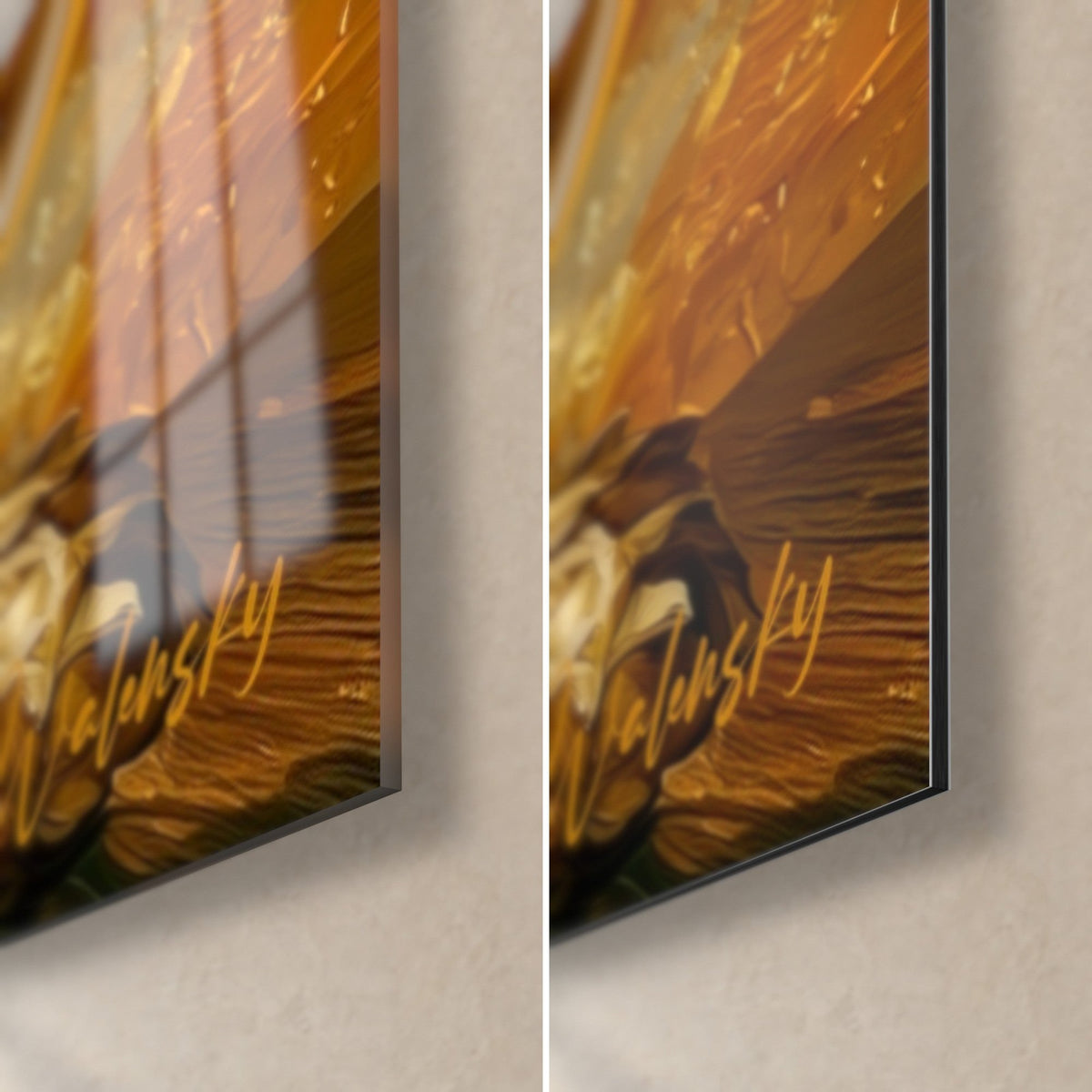 Tableau chope de bière blonde, coin bas droit en verre acrylique brillant et alu Dibond mat, tranche de 3 mm, or et brun
