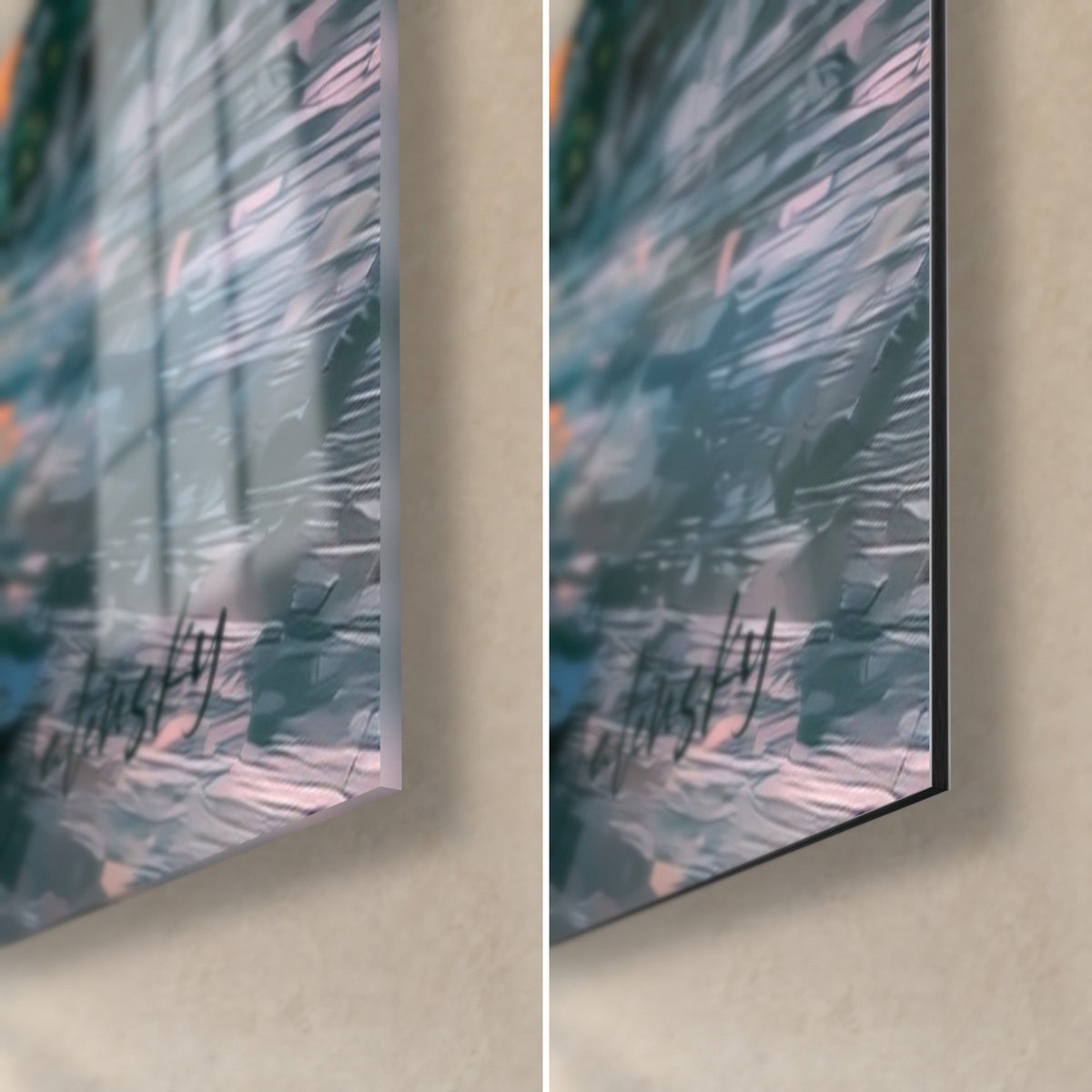 Tableau chope de bière orange et turquoise, coin bas droit : verre acrylique brillant à gauche, alu Dibond mat et tranche fine à droite