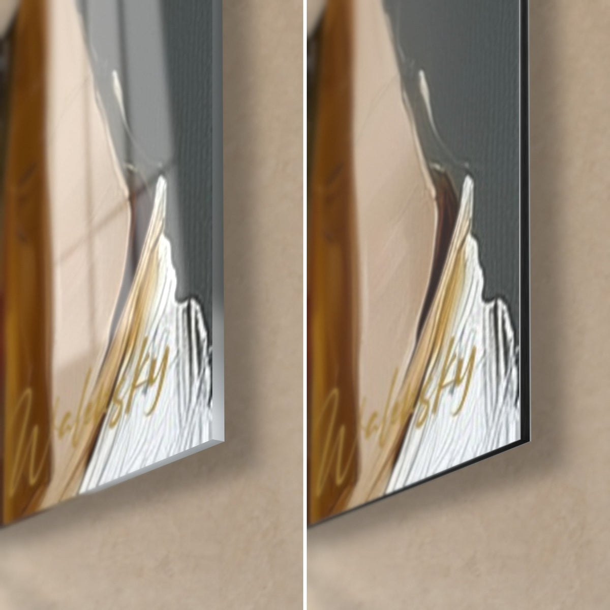 Gemälde eines bärtigen Mannes mit goldenen Bierkrügen, untere rechte Ecke: glänzendes Acrylglas links, matte Dibond-Aluminium rechts, 3 mm Kante