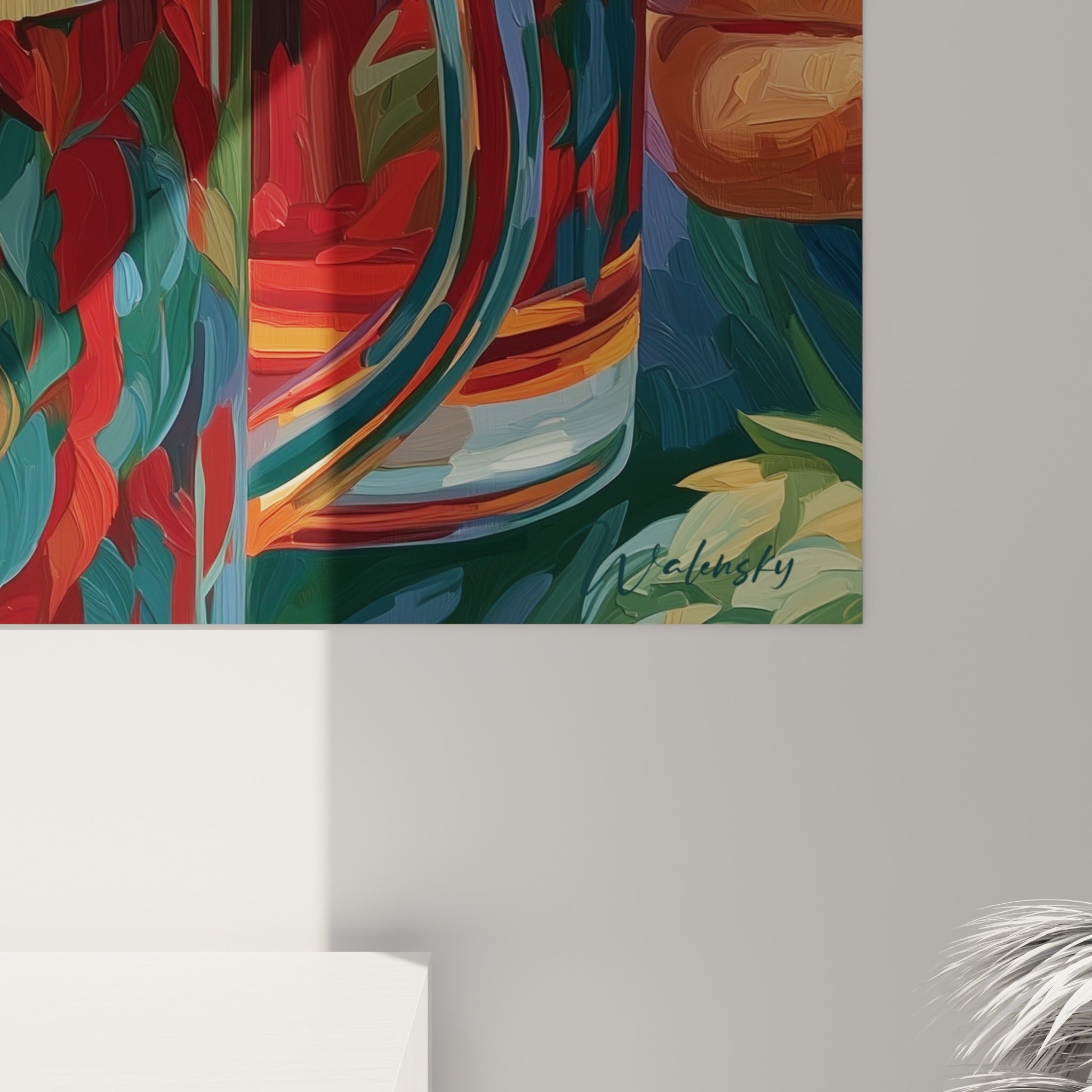 Empâtements de peinture rouge et doré visibles sur la mousse épaisse de ce tableau bière