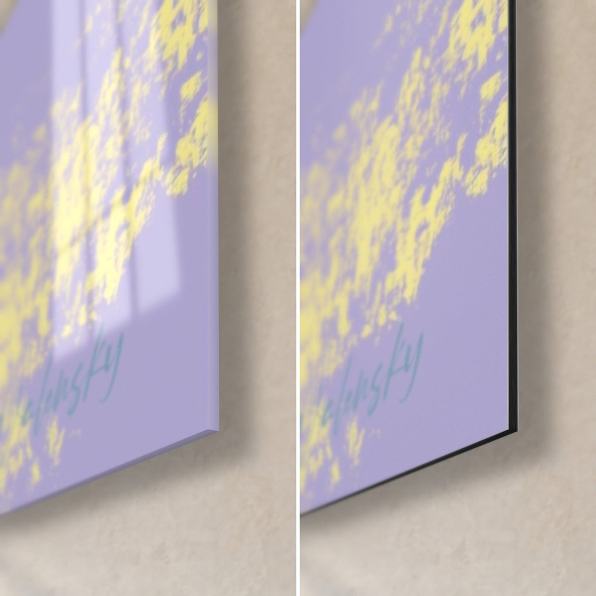 Gemälde Biergläser in Lavendel und Gelb, untere rechte Ecke, glänzendes Acrylglas links, mattes Dibond rechts