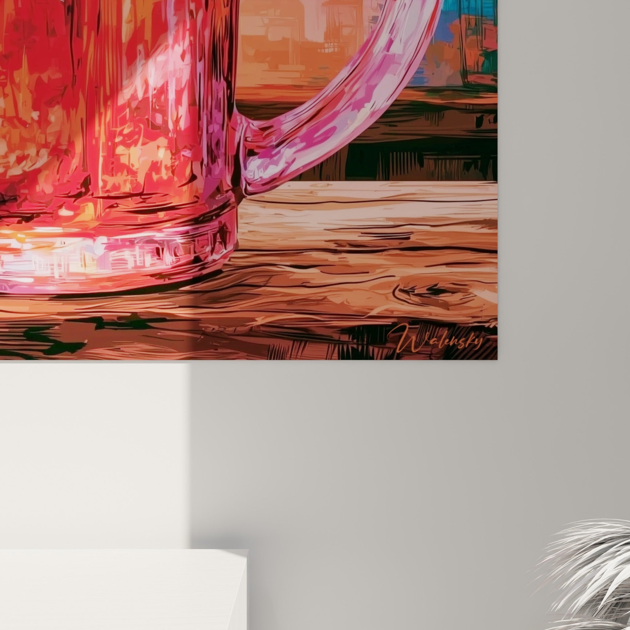 Reflets roses et empâtements colorés sur l'anse en verre, détail rapproché de la texture picturale du tableau
