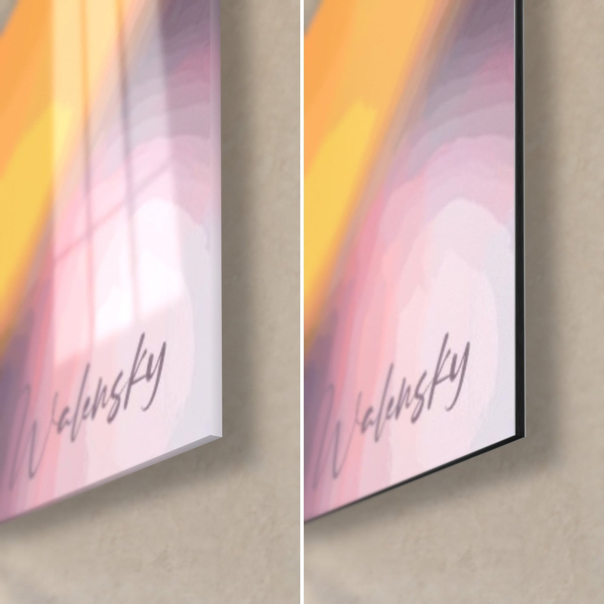 Wall art vermilion and amber bowl, bottom right corner: shiny glass on the left, matte black Dibond on the right, 3 mm edge