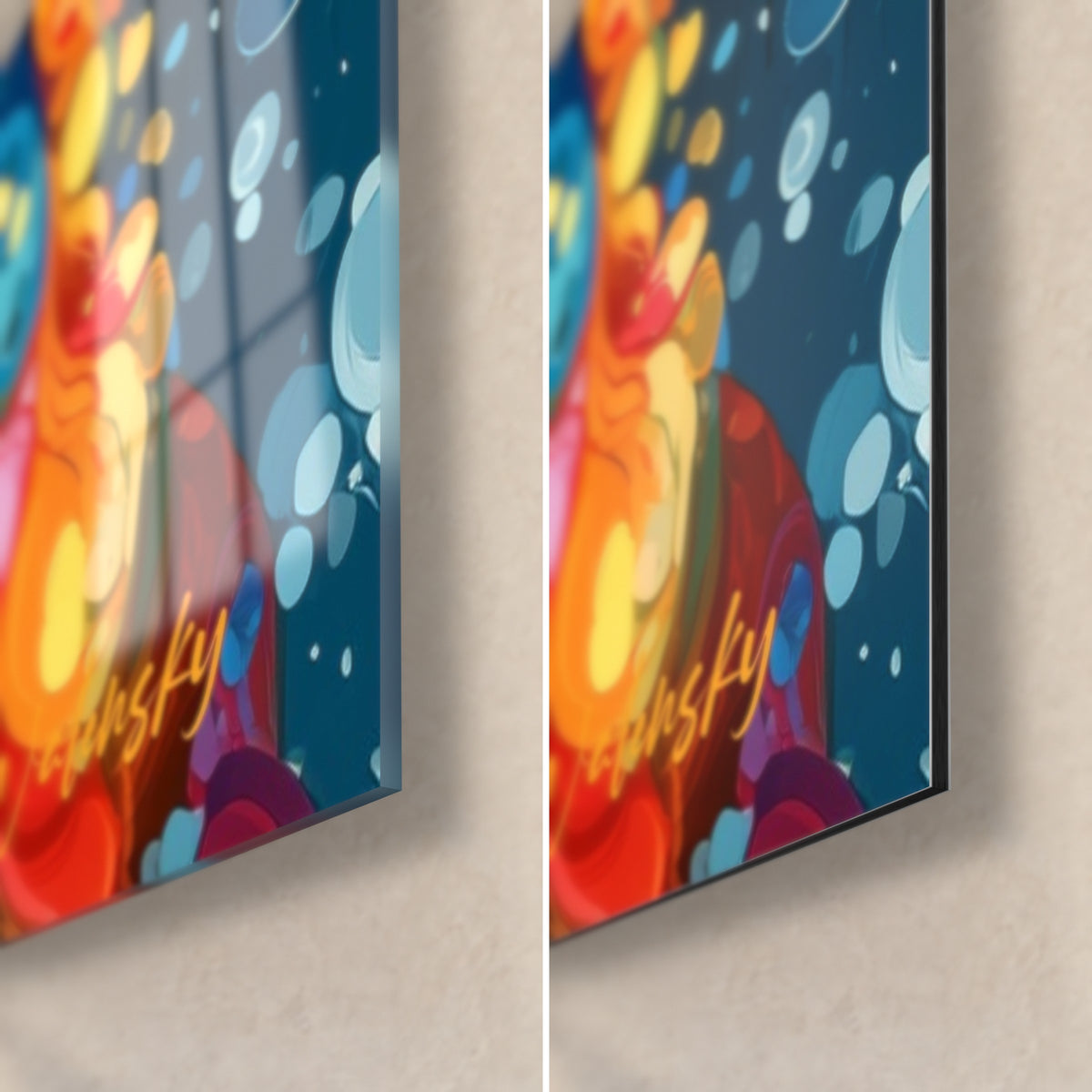 Tableau chope de bière aux gouttes orange et turquoise, coin bas droit brillant en acrylique à gauche, Dibond mat à droite, tranche de 3 mm