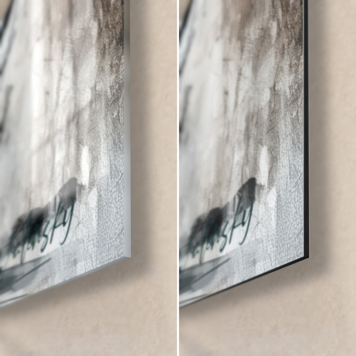 Gemälde Bernsteinfarbener Bierkrug, unten rechts: glänzendes Acrylglas, das das Licht reflektiert, mattschwarzes Dibond und 3 mm Kante