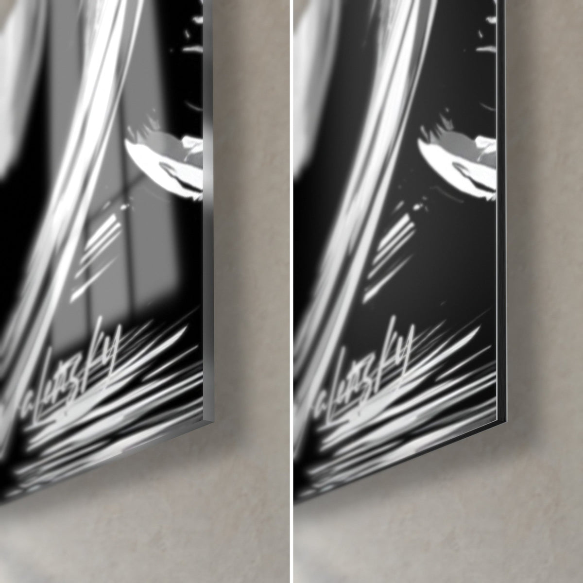 Tableau chopes à l'encre, coin bas droit : verre acrylique brillant noir et blanc à gauche, Dibond mat à droite, tranche 3 mm