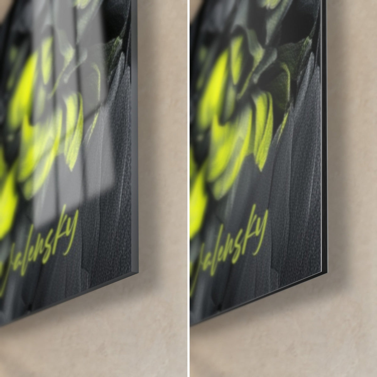 Quadro di luppolo giallo fluorescente e un teschio in bianco e nero, angolo in basso a destra: vetro acrilico lucido a sinistra, Dibond opaco e bordo a destra