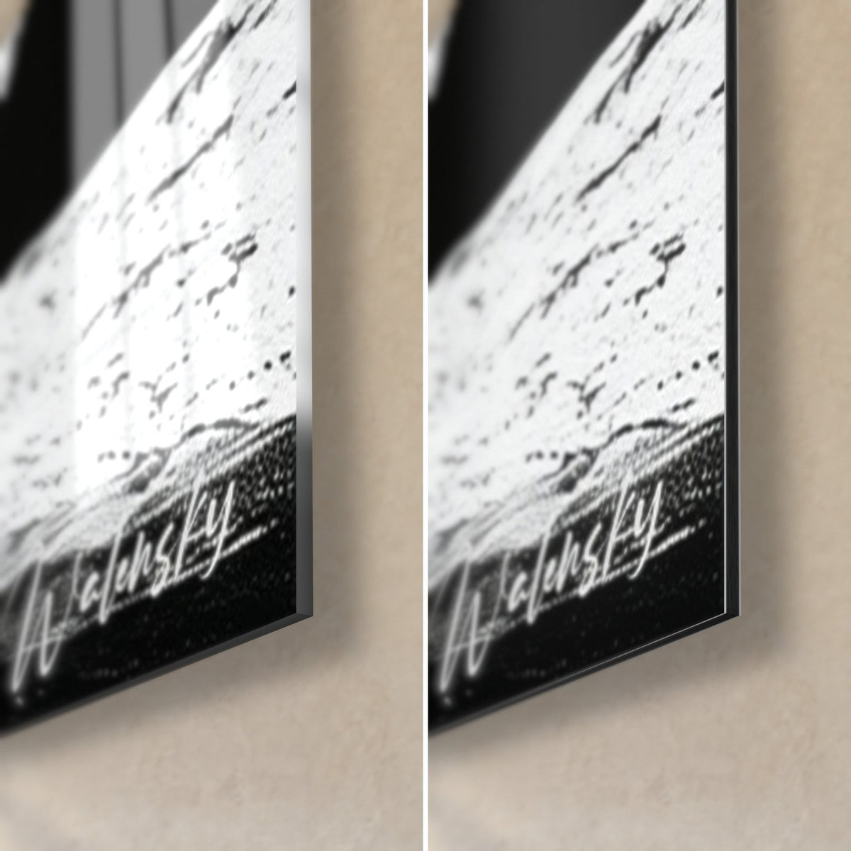 Tableau chope de bière en noir et blanc relevé d'or, coin bas droit : verre brillant à gauche, Dibond mat à droite, tranche 3 mm