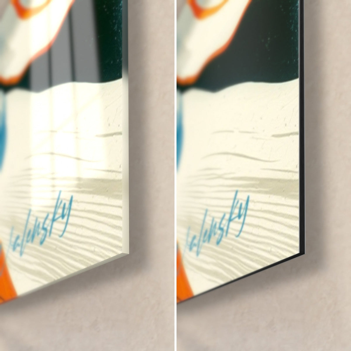 Tableau bière ambrée et bleu, coin bas droit en verre acrylique brillant et alu Dibond mat blanc, tranche de 3 mm