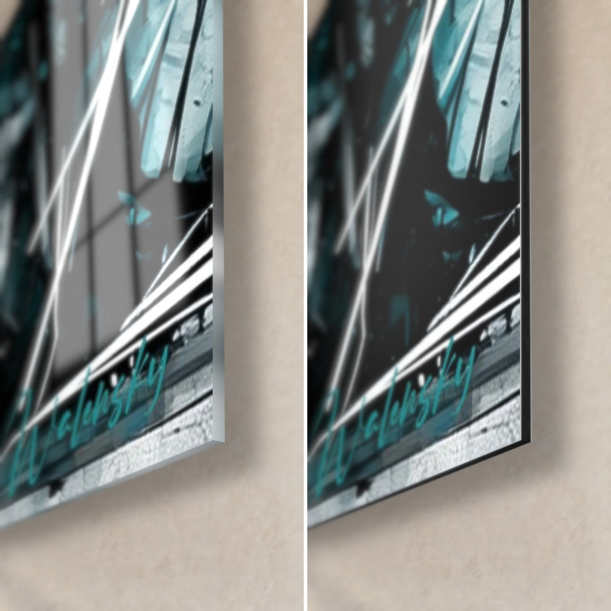 Wall art amber beer mug, bottom right corner: glossy acrylic glass on the left, matte Dibond aluminium on the right, turquoise highlights