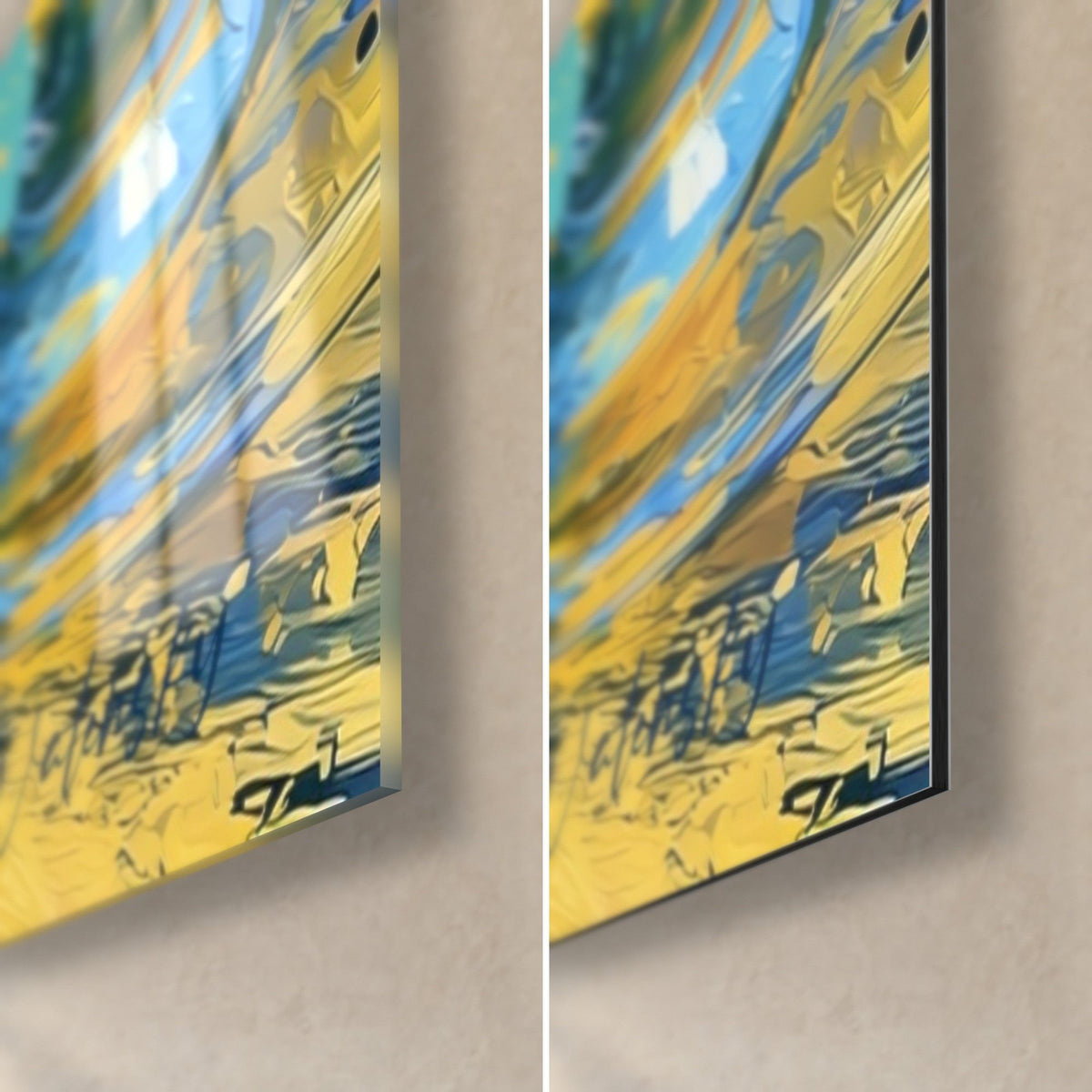 Gemälde Biergläser mit sonnengelben und kobaltblauen Akzenten, untere rechte Ecke in glänzendem Acryl und mattem Dibond, 3 mm Kante
