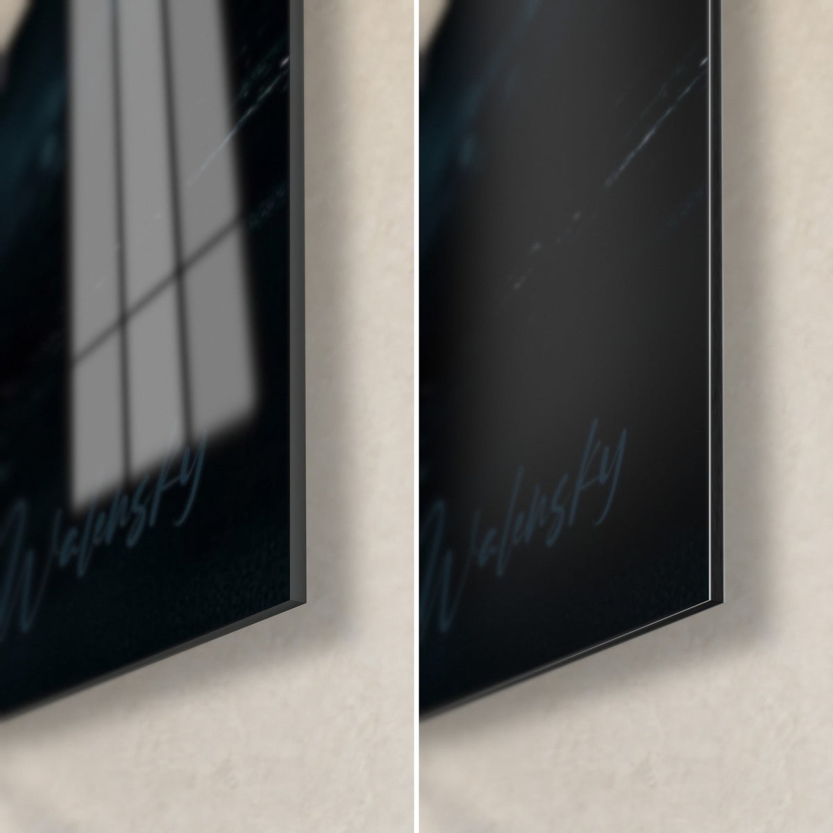 Tableau bière orange dans un verre, coin bas droit : acrylique brillant aux reflets de fenêtre, Dibond noir mat et tranche de 3 mm