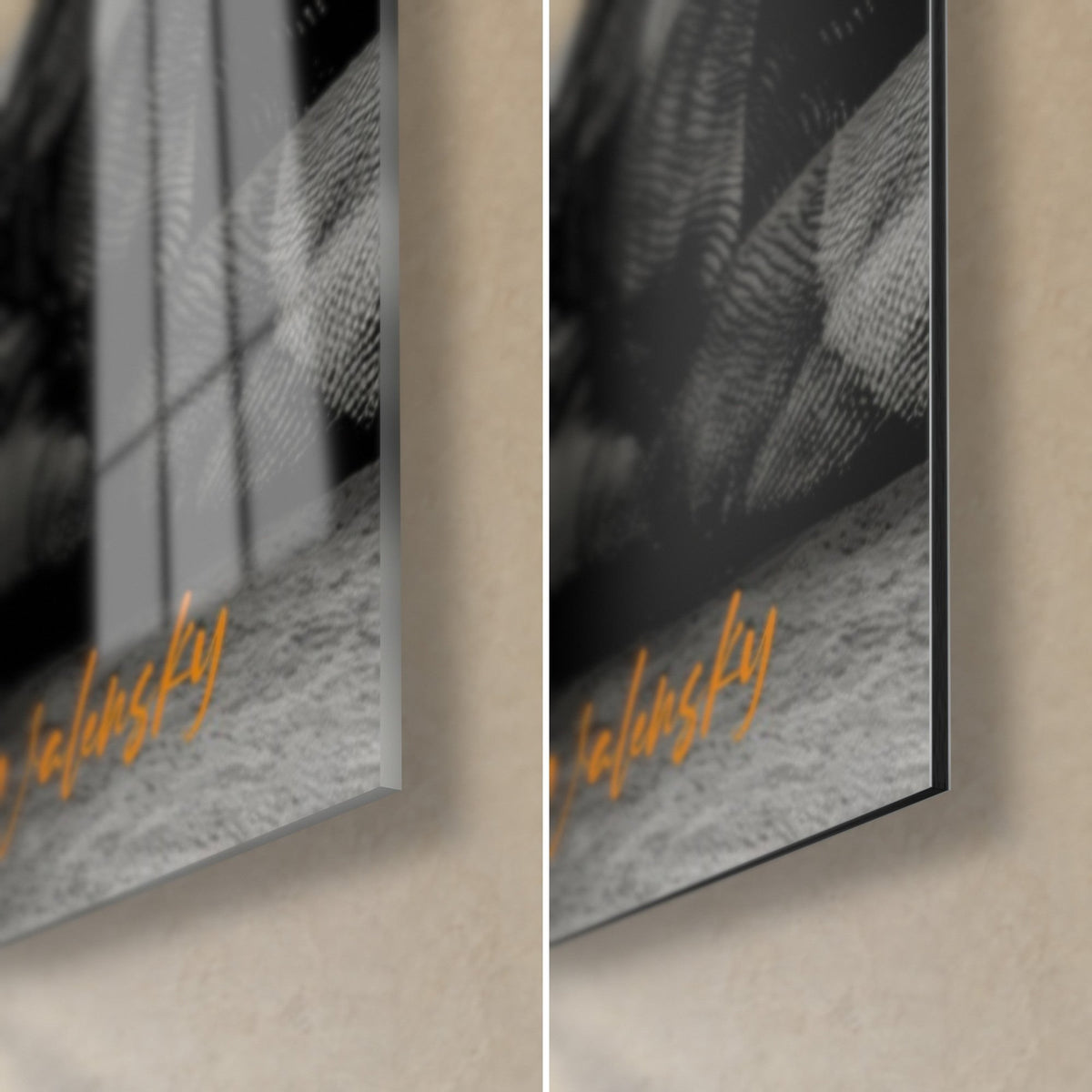 Tableau bière dorée pétillante, coin bas droit : verre acrylique brillant à gauche, Dibond noir mat à droite, signature orange