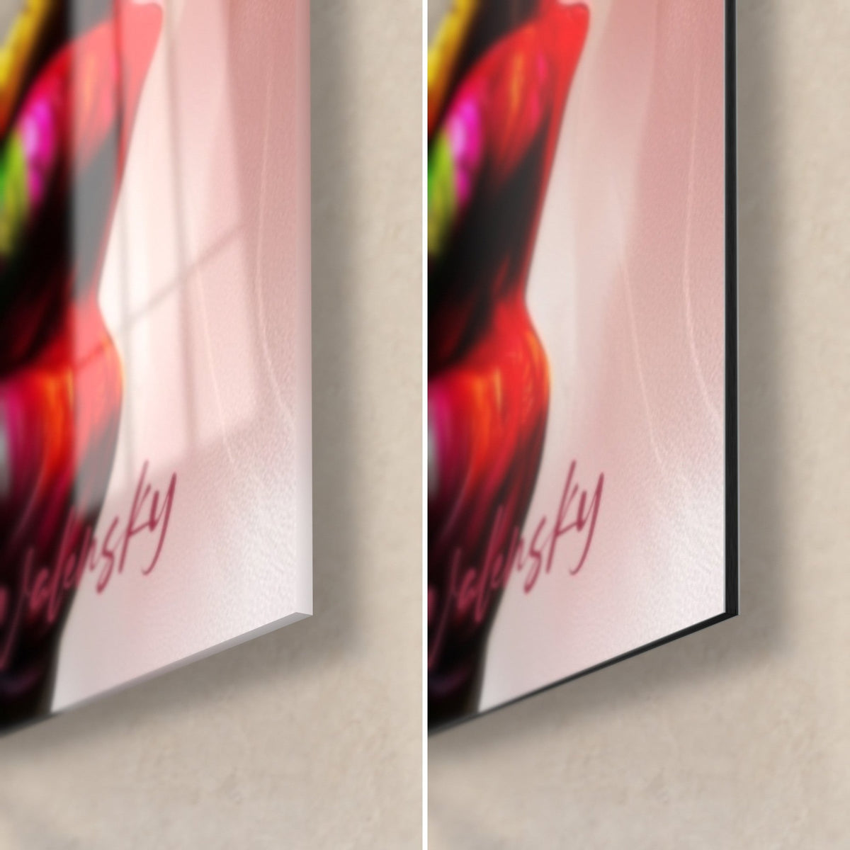 Multicolour bearded man wall art, bottom right corner: glossy acrylic glass with reflections on the left, matte black Dibond on the right, 3 mm edge