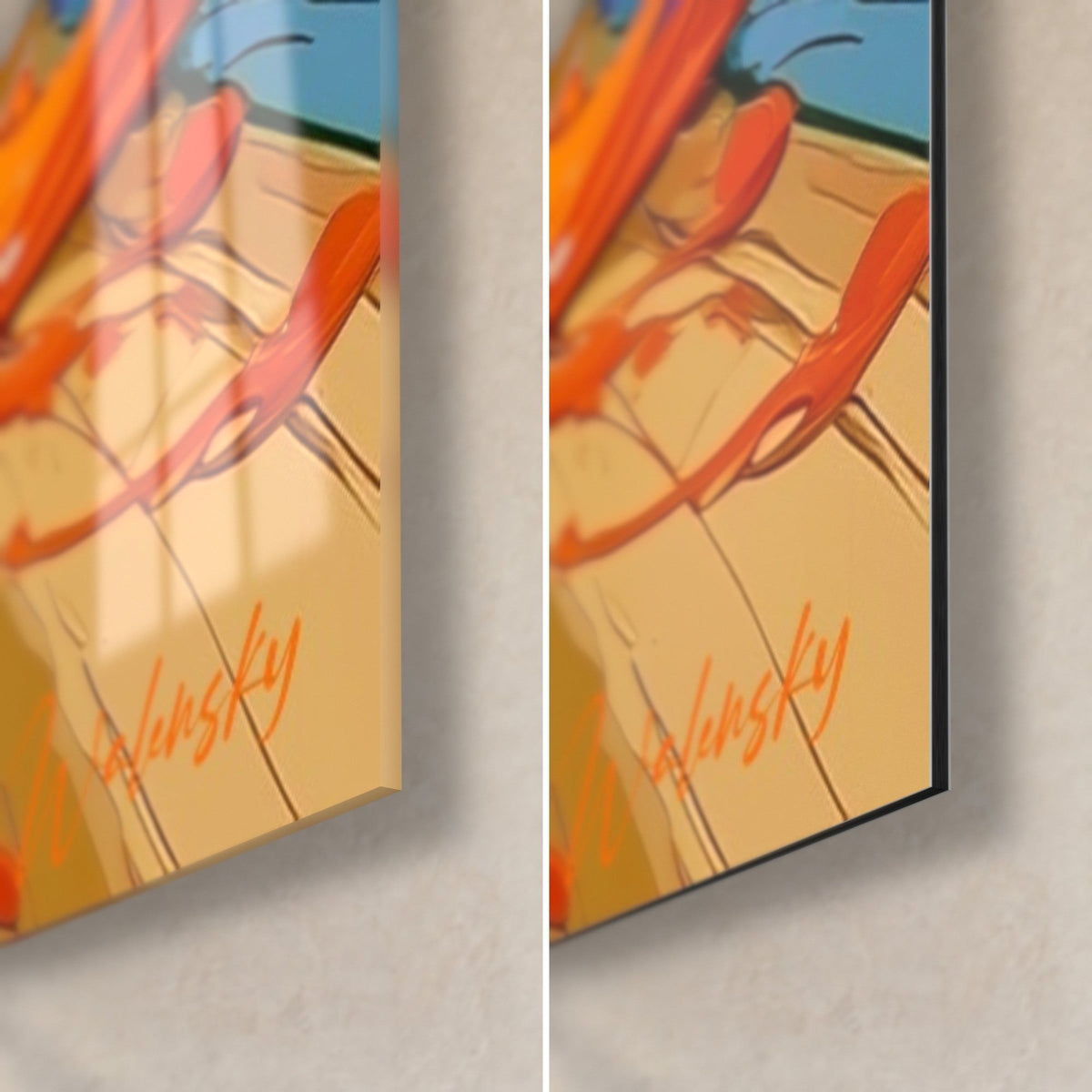 Quadro bicchieri di birra con colature arancio vivo, riflessi lucidi del vetro acrilico e bordo nero del Dibond opaco, angolo in basso a destra