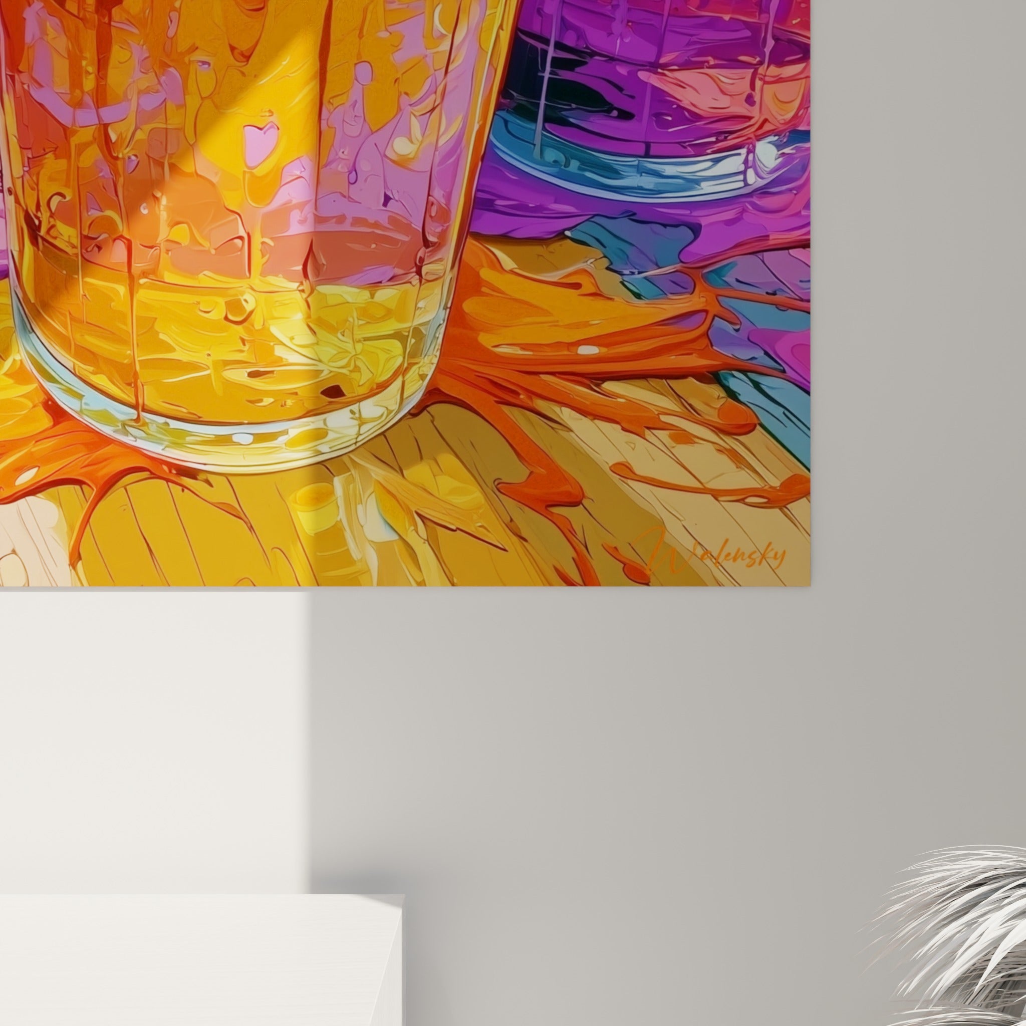 Empâtements orangés et coulures violettes révèlent la texture épaisse de la mousse peinte à grands traits