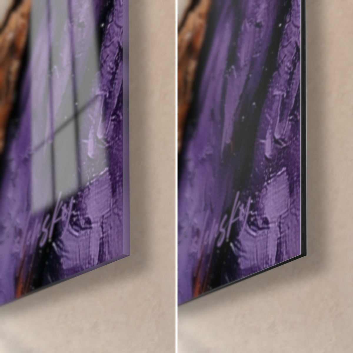 Gemälde eines bärtigen Bierliebhabers, untere rechte Ecke violett: glänzendes Acrylglas mit Reflexen, mattes Dibond-Aluminium, 3 mm Stärke