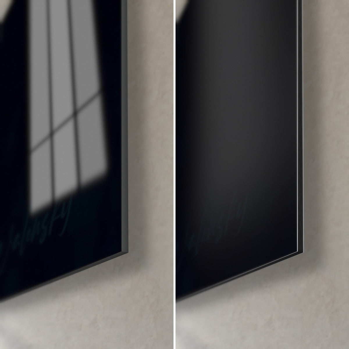 Tableau choppe de bière, coin bas droit : verre acrylique brillant et reflet de fenêtre grise, Dibond noir mat, tranche de 3 mm