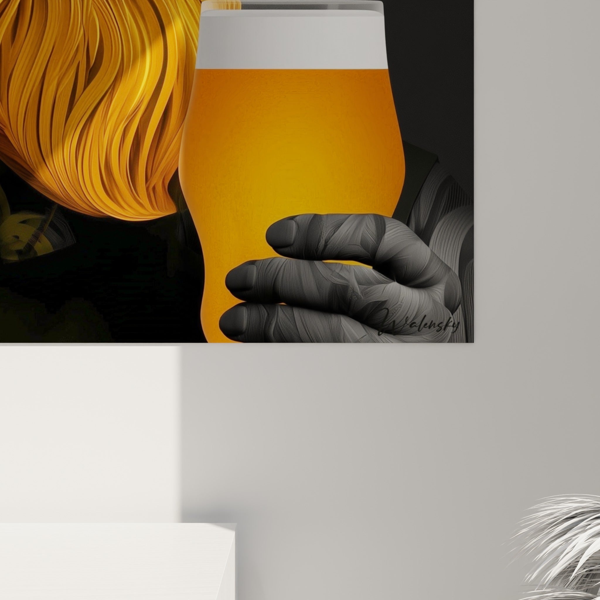 Mèches orangées de la barbe et mousse blanche du verre révèlent le grain texturé de cette impression murale