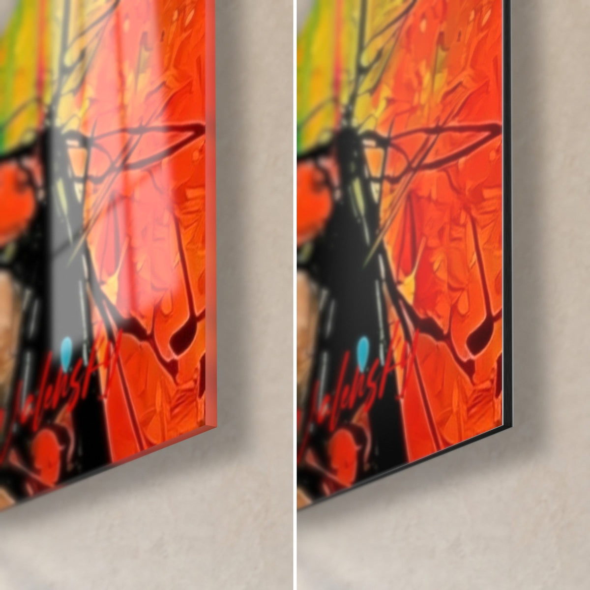 Quadro di un barbuto con occhiali pop, angolo in basso a destra: vetro acrilico lucido a sinistra, Dibond opaco a destra, spessore del bordo 3 mm