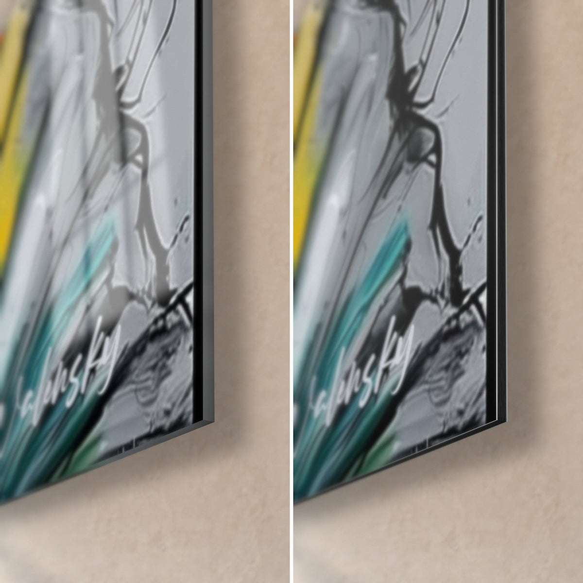 Tableau buveur moustachu aux lunettes arc-en-ciel, coin bas droit : verre acrylique brillant à gauche, Dibond mat gris-turquoise à droite