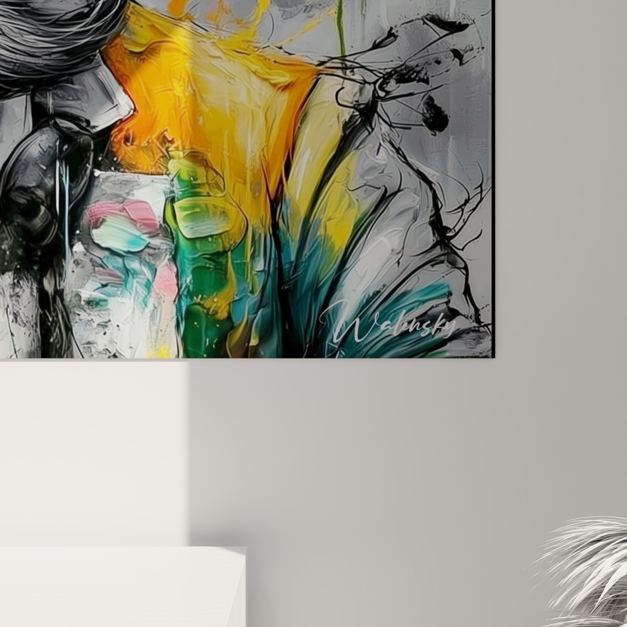 Coulures de peinture rose et jaune sur les lunettes, empâtements gris de la barbe visibles de près sur cette toile