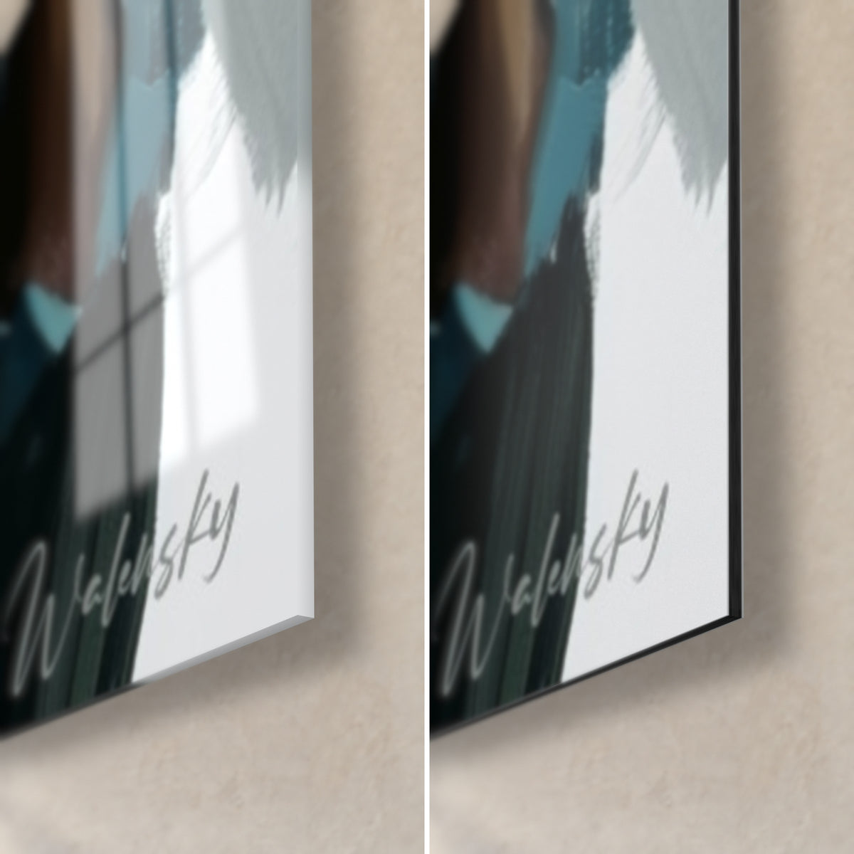 Wall art of a bearded beer connoisseur, bottom right corner: glossy acrylic glass reflecting the window, matte white Dibond, 3 mm edge