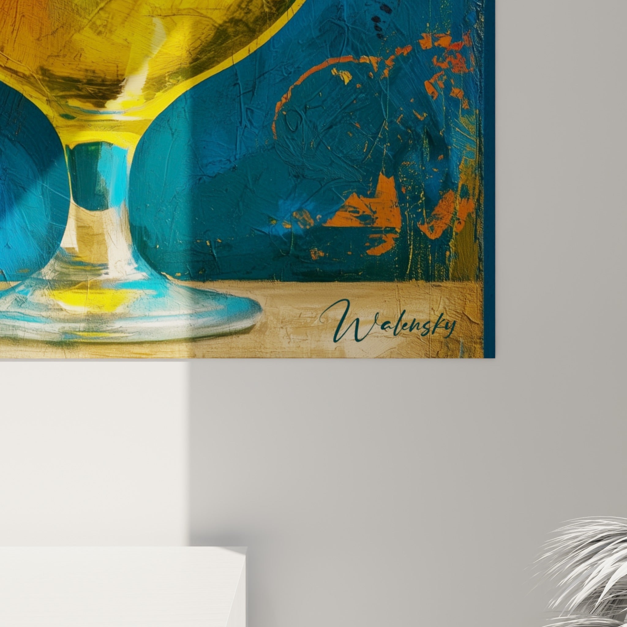 Empâtements et coulures visibles sur les aplats rouge et jaune moutarde entourant le verre à bière ambré