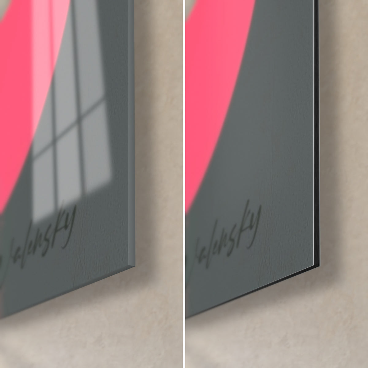 Wall art beer bottle, bright pink circle and grey background: glossy acrylic glass corner, matte Dibond aluminium, 3 mm thickness