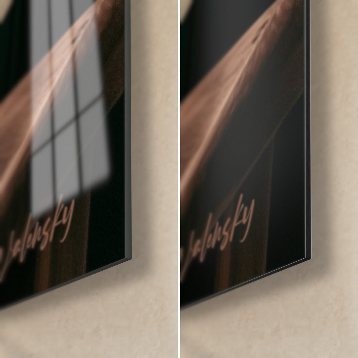 Wall art of an amber pint under white foam, bottom right corner: pale pink signature, glossy acrylic glass with reflections and matte Dibond aluminum, 3 mm edge