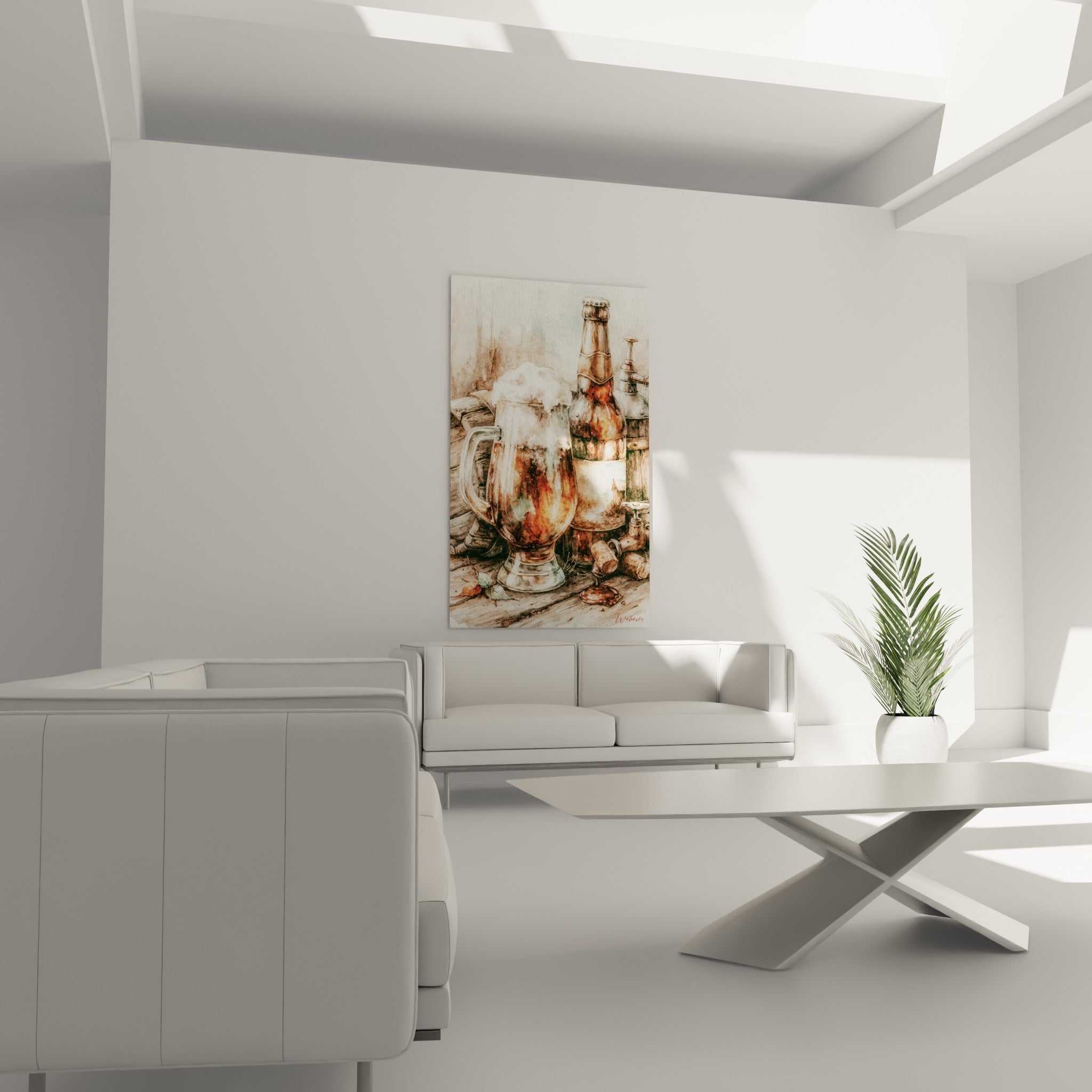Tonneau rouillé et tireuse ancienne accompagnant chope terracotta au-dessus d'un canapé dans un salon lumineux