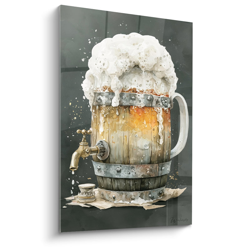 Tableau Chope tonneau en bois brun et gris à robinet doré - Mousse débordante généreuse - Edition Bière