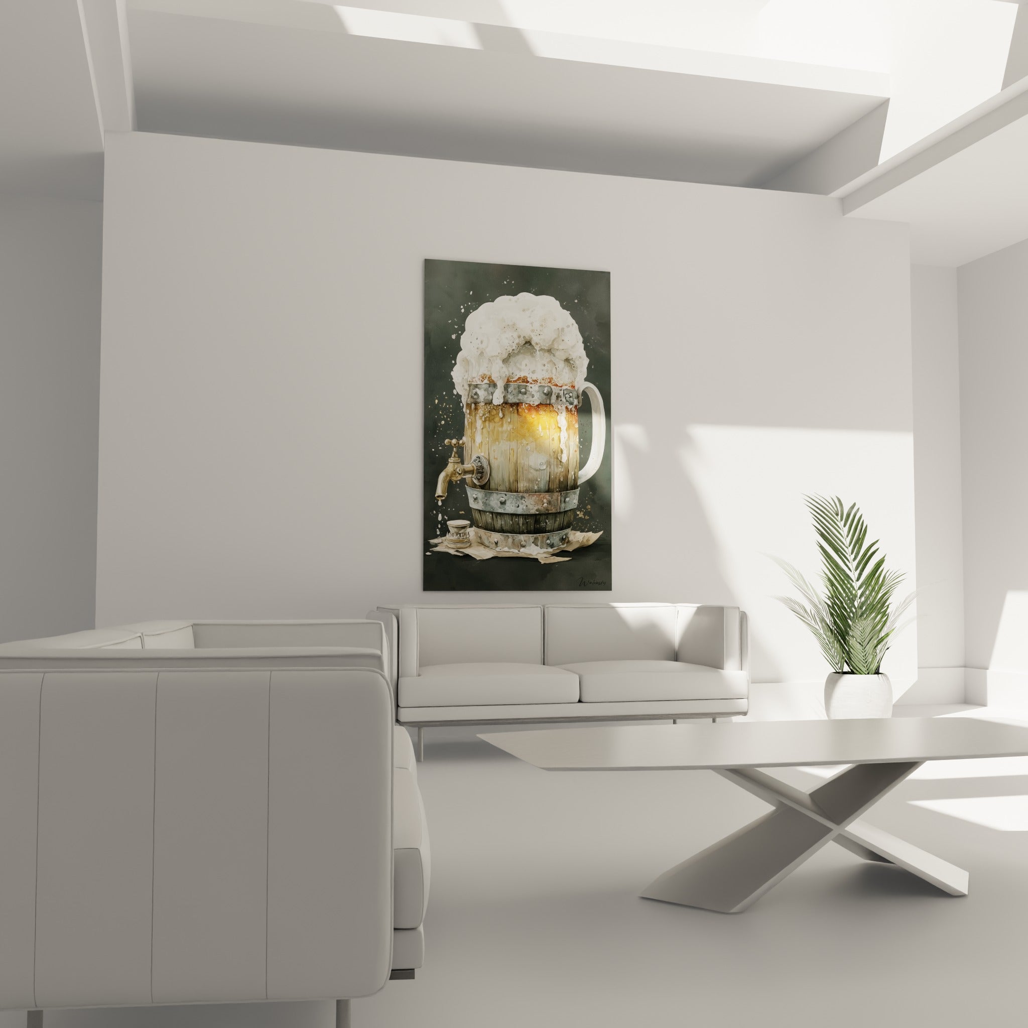 Robinet doré et bois patiné brun-gris d'une chope tonneau au-dessus d'un canapé dans un salon lumineux