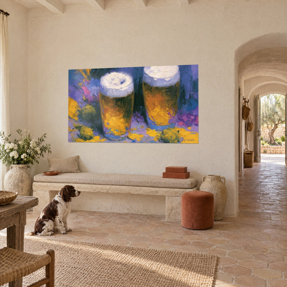 Wall art two blonde pints in oil painting, saffron yellow and midnight blue, seated spaniel, stone bench