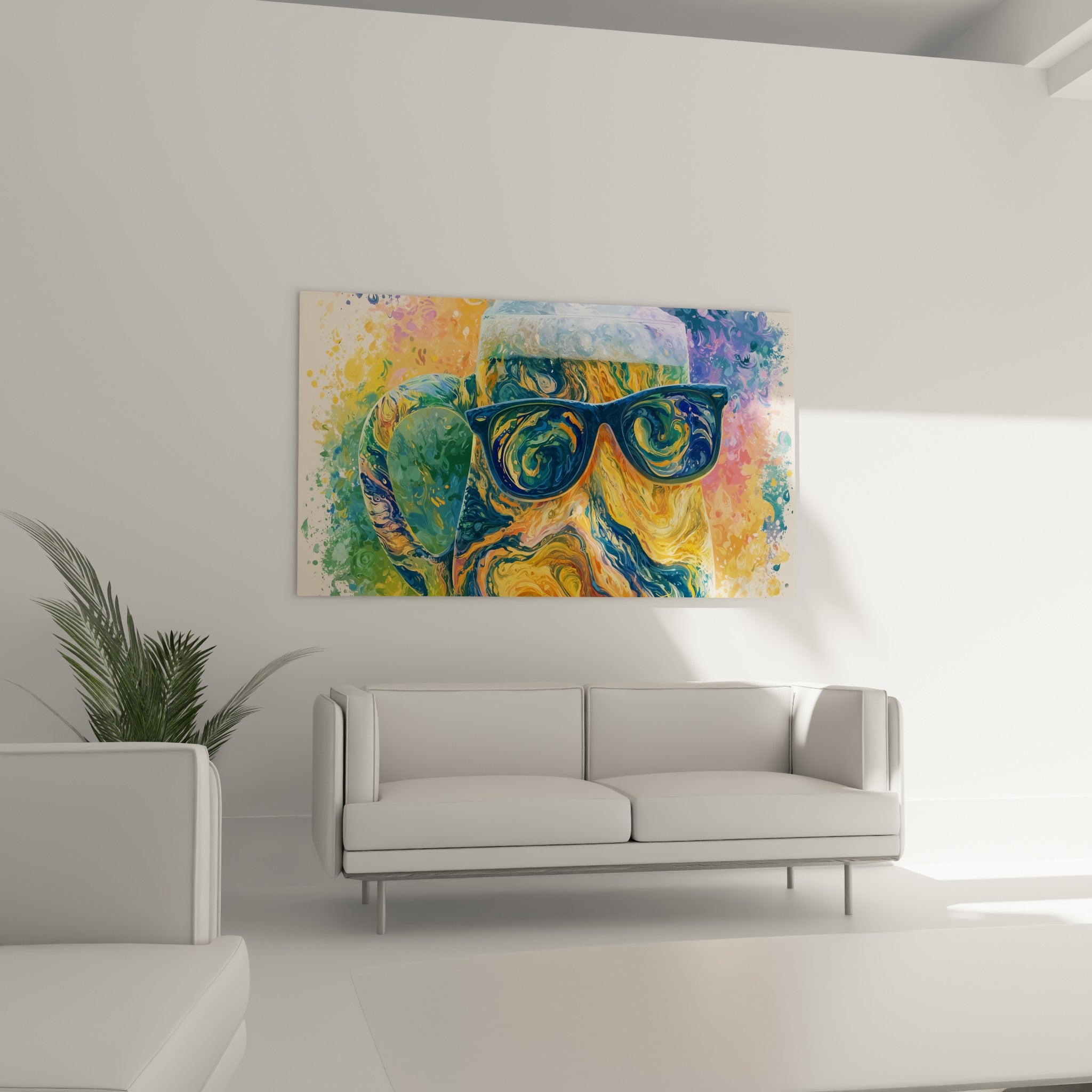 Bière tourbillonnante ocre et verte avec lunettes bleu marine, accrochée au-dessus d'un canapé dans un salon lumineux