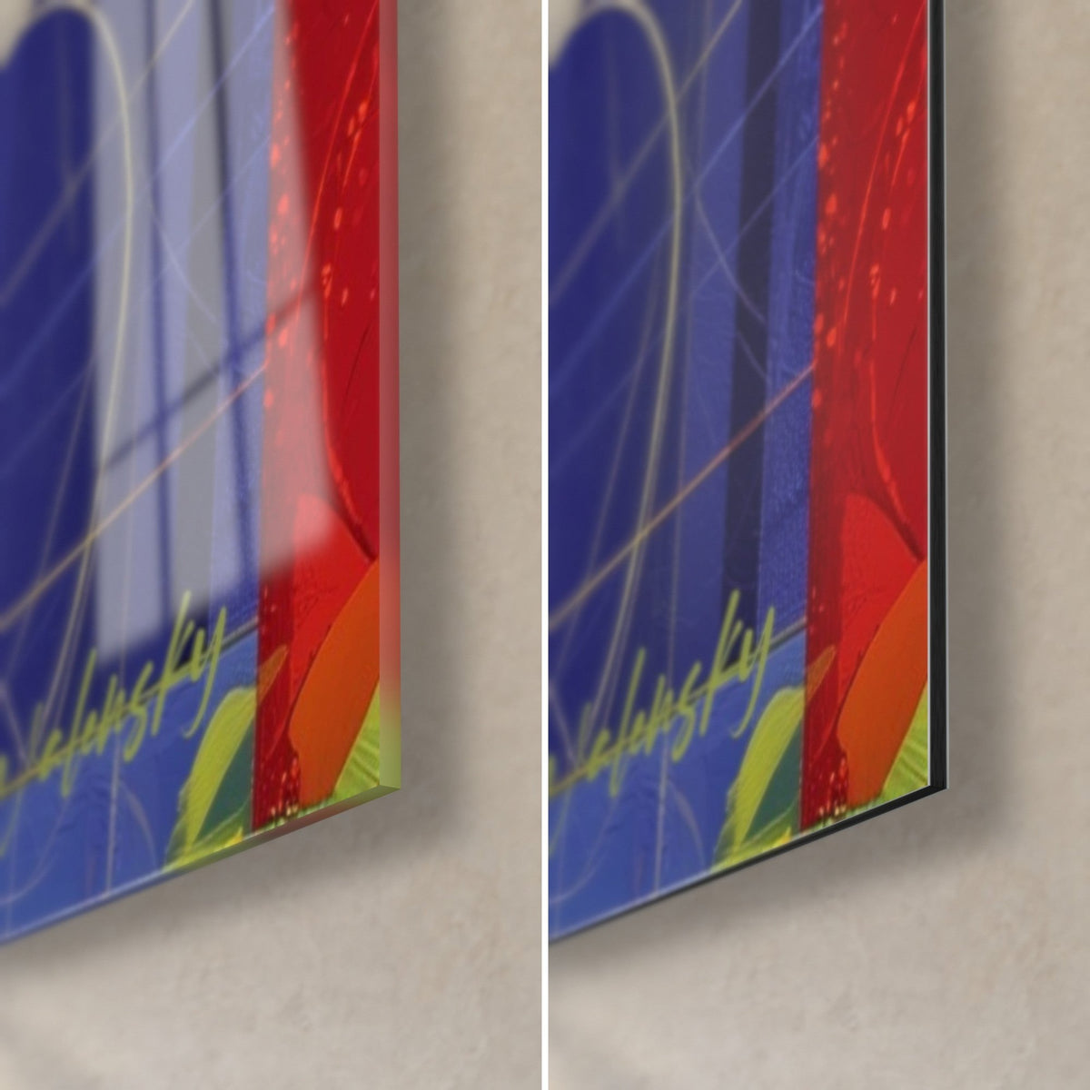 Tableau bouteille et chope de bière, coin bas droit : verre brillant à reflets bleu et rouge, Dibond noir mat, tranche 3 mm