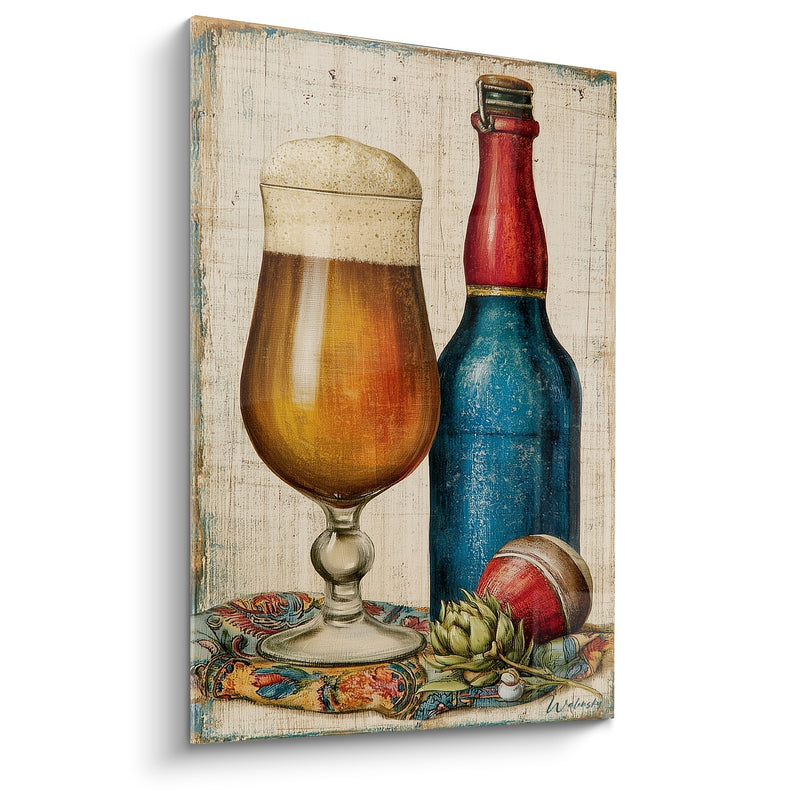Tableau Verre ambré et bouteille bleue sur bois - Pause taverne rétro - Edition Bière