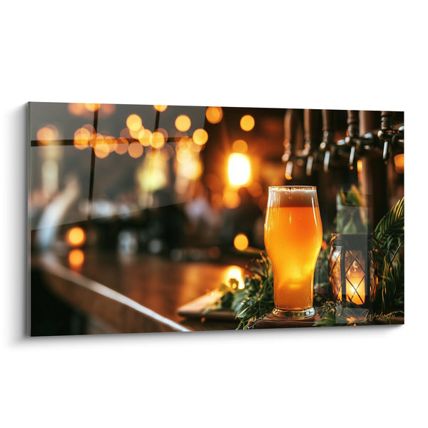 Cuadro de Vidrio Ámbar sobre Mostrador de Madera Marrón - Calidez del Mostrador - Edición Cerveza