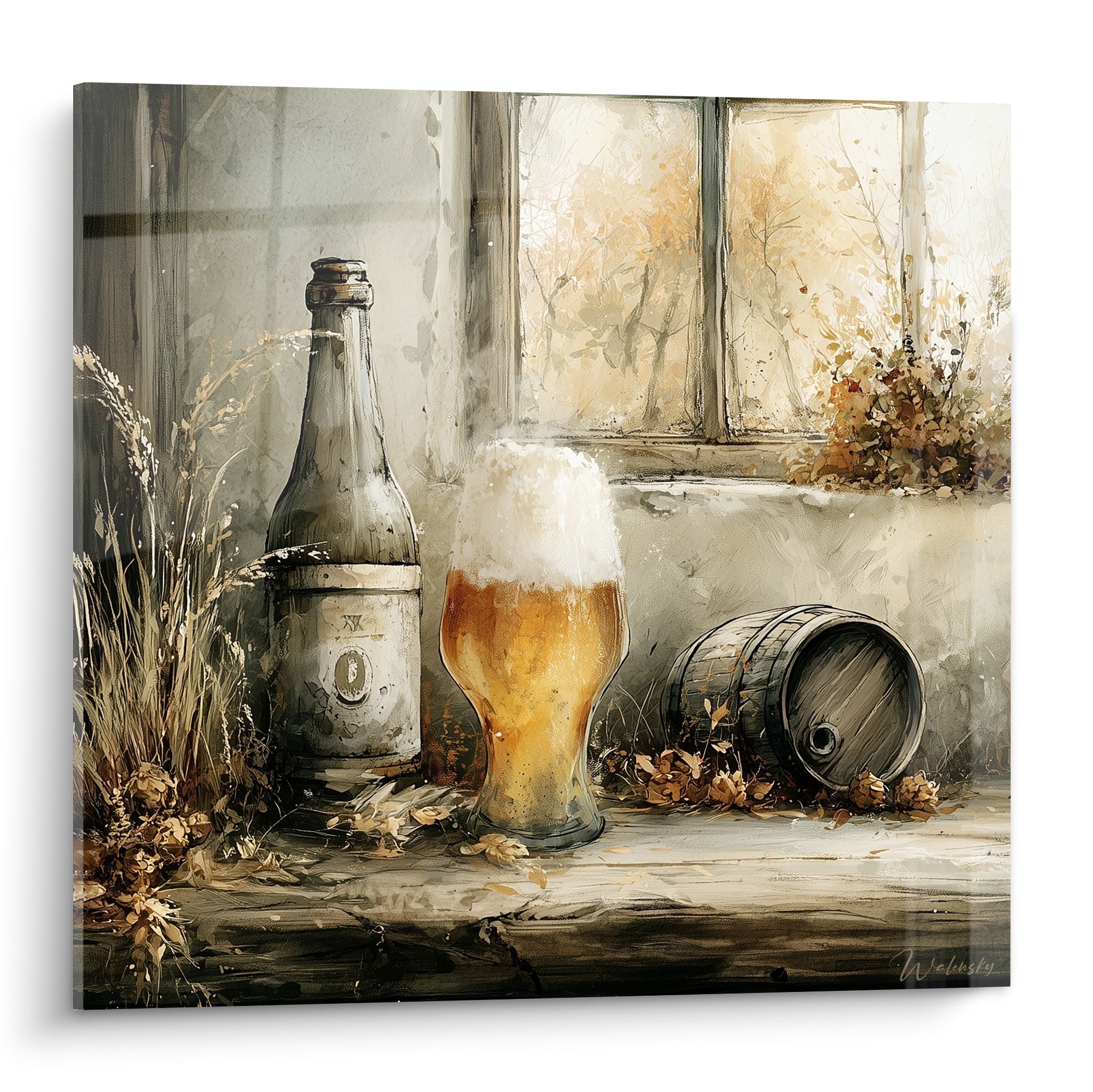 Verre de bière ambré et mousse blanche entre bouteille grise et tonneau anthracite devant une fenêtre