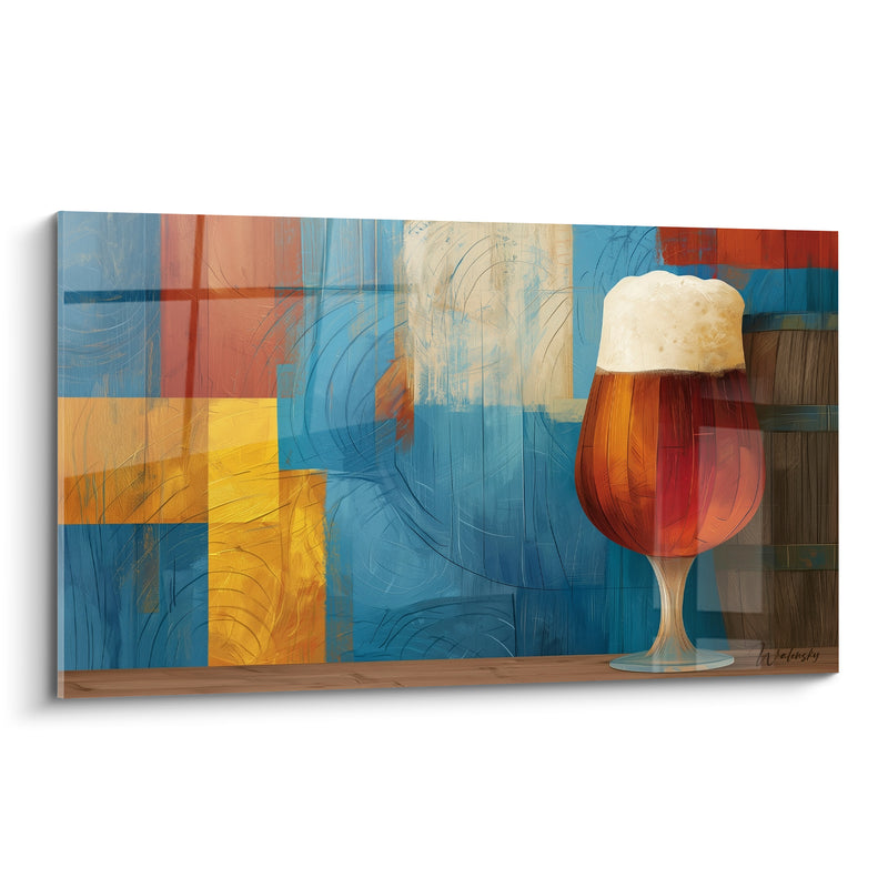 Tableau Verre ballon ambré et bleu à mousse débordante - Tonneau brun en fond - Edition Bière