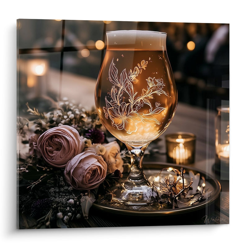 Tableau Verre à bière ambrée aux motifs floraux gravés - Soirée feutrée - Edition Bière