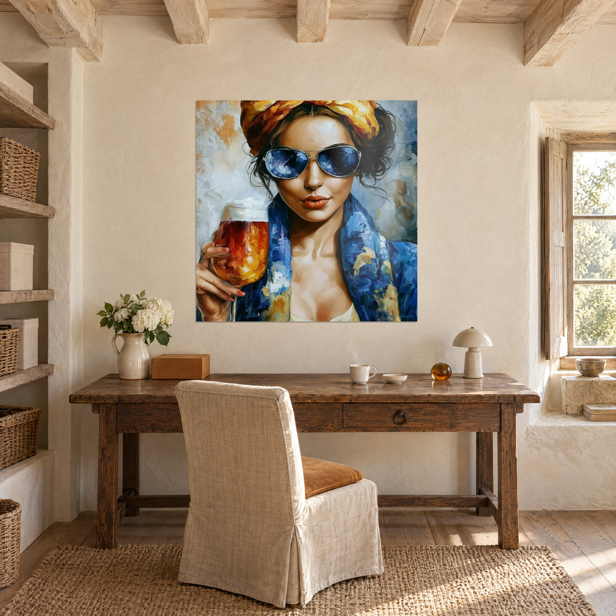 Cuadro de un retrato femenino con espuma blanca y copa rojo anaranjado, chaqueta índigo, en la pared de un despacho de madera