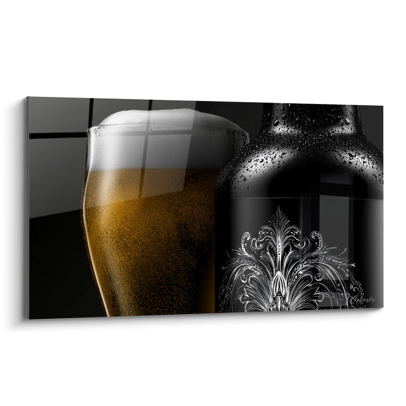 Tableau Verre doré et bouteille noire givrée - Fraîcheur nocturne - Edition Bière