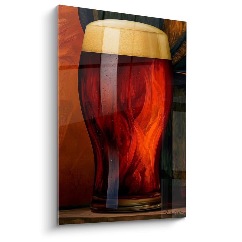 Tableau Verre pinte rouge et doré aux flammes tourbillonnantes - Reflets sur planche en bois - Edition Bière